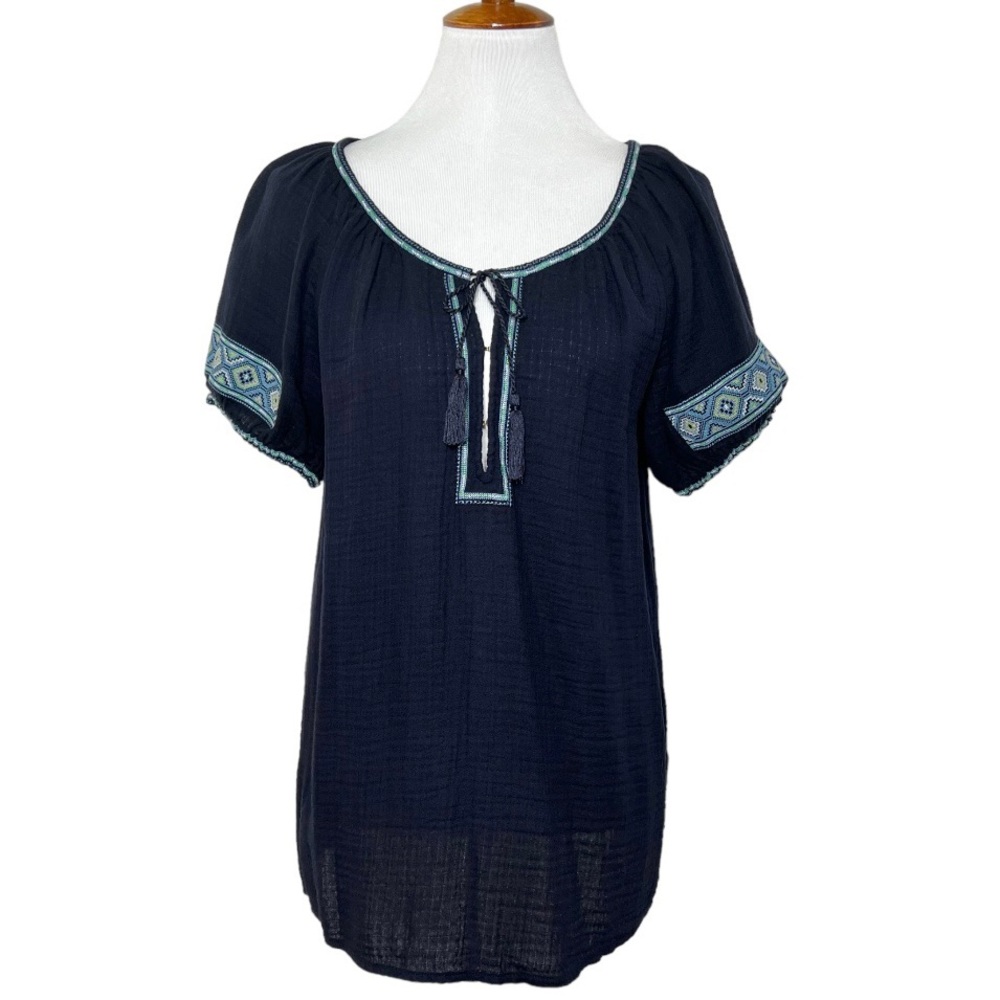 J. Crew Embroidered Tie Neck Navy Blue Short Sleeve Peasant Blouse